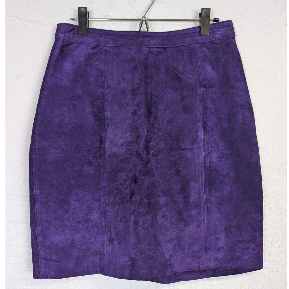 Vtg Suede Pencil Skirt Purple Leather Womens 14 Classic Office Bold Quirky 90s
